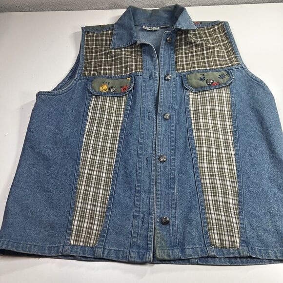 Vintage Denim Vest Quilted Patchwork Cottagecore Boho Western Festival Womens M - Picture 1 of 8